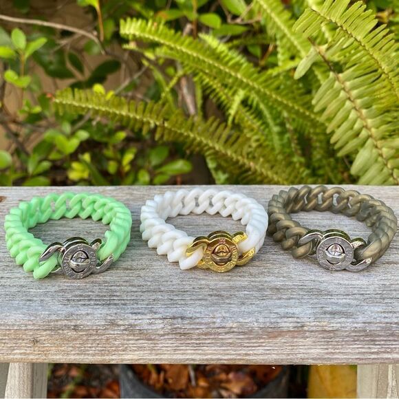 Lot of Three 3 Rustic Cuff Mint/White/Olive Silicone Wrap Braided Bracelets. EUC - Picture 1 of 6